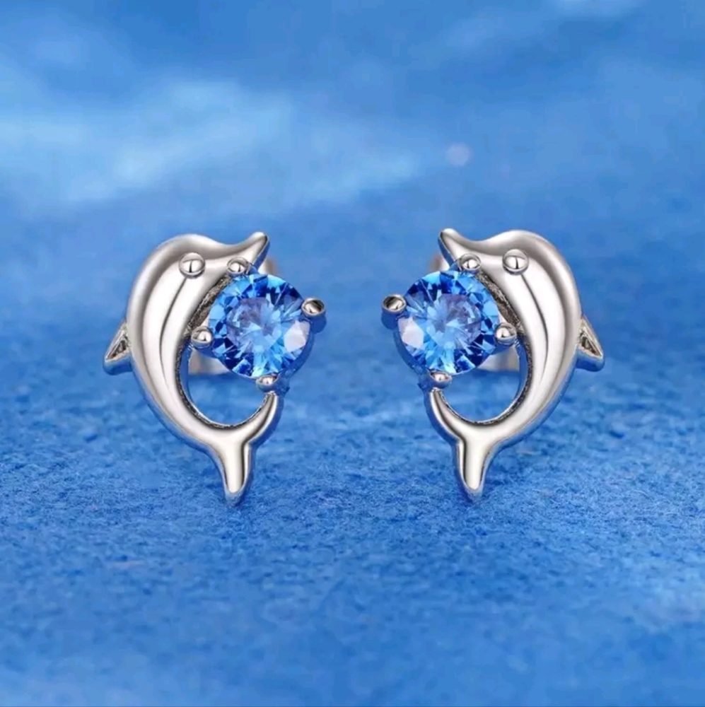Silver Dolphin Blue Crystal Earrings